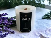 BAM lavendel geurkaars met houten wiek in een wit potje - 60 branduren (190g) - cadeautip - geschenk - vegan
