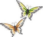 Anna Collection Wanddecoratie vlinders - 2x - oranje/groen - 49 x 28 cm - metaal - muurdecoratie - tuin beelden