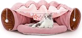 Bastix - Kattenbed, kattentunnel met kussenmat, huisdierenhol met 2 hangende krabballen, zacht en gezellig kattentunnelbed, kattentunnel voor indoor katten (roze)