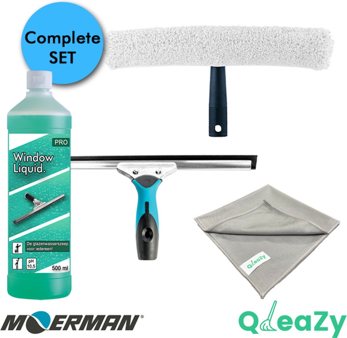 Goedkoopste Glazenwasserset - Moerman Raamwisser 35 cm - QleaZy Inwasser 35 cm - Glasdoek - Glasreiniger