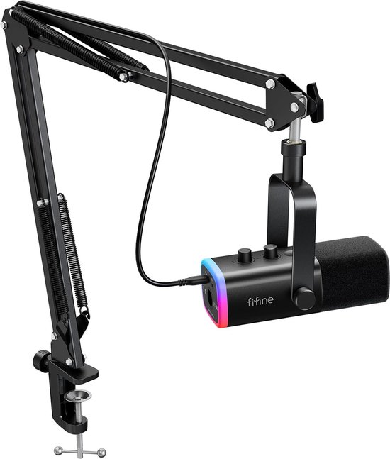 FIFINE - AM8T - USB / XLR Studio microfoon - PC-Gaming Met Flexibele Arm ( 66cm! ) - Geschikt voor PC/PS4/PS5 - RGB - Podcast - Gaming - Streaming - Zwart