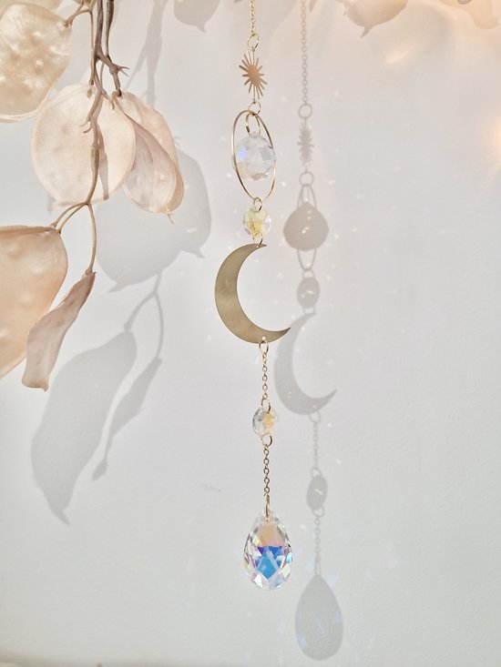 Suncatcher - Moon - Moonlight - Zonnevanger - Hanger - Raam Decoratie - Goud - Kristallen GROOT - Maan - Edelsteen