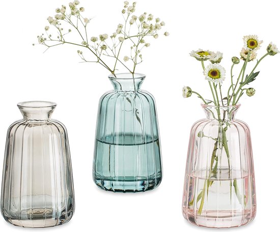 Bastix - Kleine vazen bruiloft tafeldecoratie vintage, 3-delige mini-vaas glas bloemenvaas moderne set slanke hydrocultuur glazen vaas voor bloemen decoratie bruiloft tafel woonkamer salontafel badkamer, groen + grijs + roze