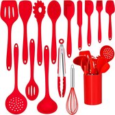 Bastix - Keukenhulpset, 15-delige siliconen kookgerei, kookbestek, hittebestendig kookgerei met gereedschaphouder, anti-aanbaklaag, keukengerei, vaatwasmachinebestendig, rood