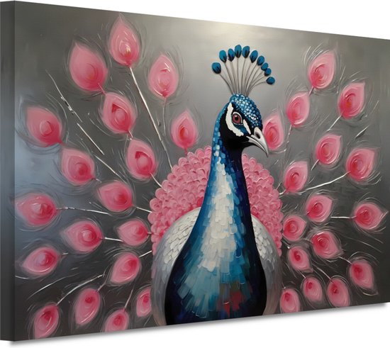 Pauw schilderij - Dieren wanddecoratie - Muurdecoratie Bloemen - Muurdecoratie industrieel - Canvas - Kantoor decoratie 150x100 cm