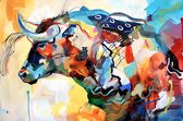 JJ-Art (Aluminium) 90x60 | Stier, koe, abstract, dier, portret, kleurrijk, kunst | rood, oranje, blauw, geel, groen, modern | foto-schilderij op dibond, metaal wanddecoratie