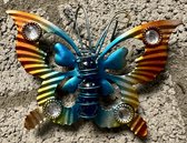 Metalen (tuin) wanddecoratie vlinder - met sierstenen en kralen - meerkleurig - hoogte 11 x 16 x 1 cm - Tuinaccessoires - Tuindecoratie - Wanddecoratie