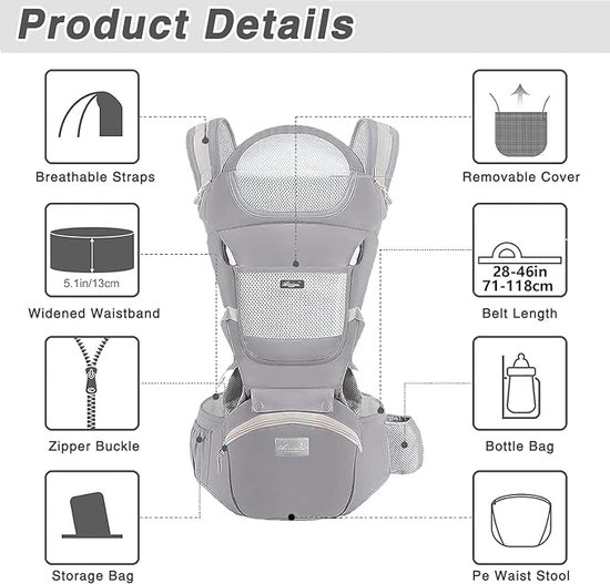Momcozy Babydrager met heupkussen, 2-in-1 verstelbare en afneembare babydrager tot 20 kg, ademende draaghulp met lendensteun voor ouders, voor pasgeborenen en peuters, grijs