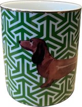 Teckel - mok - tas - koffiemok - hond - groen - goud - teckelprint