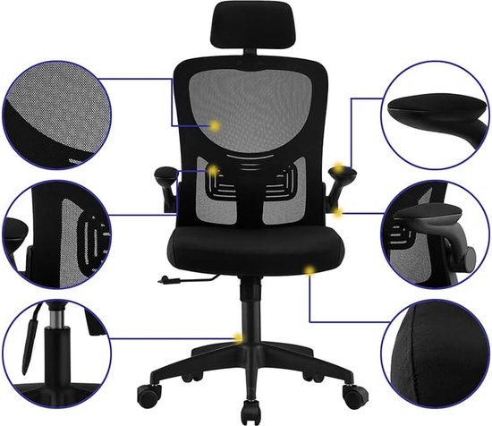Ergonomische bureaustoel met inklapbare armleuningen en lendensteun, hoogte verstelbaar - zwart