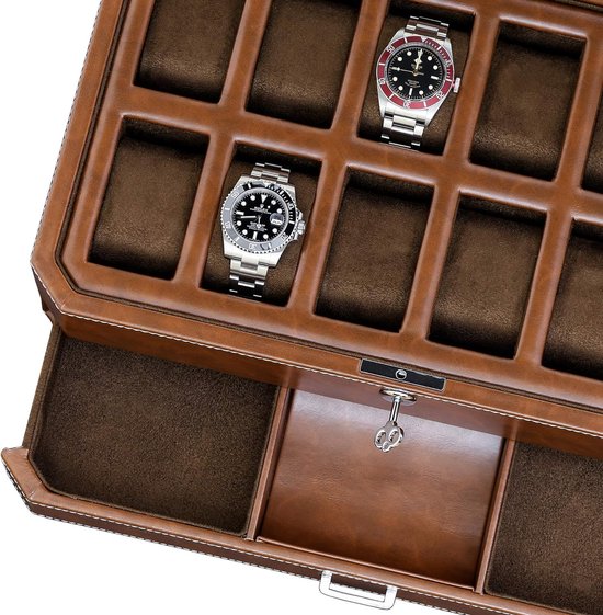 Luxe Horlogedoos met 12 Vakken Display Organisator en Valetlade voor Mannen met Microsuède Voering - Bruin