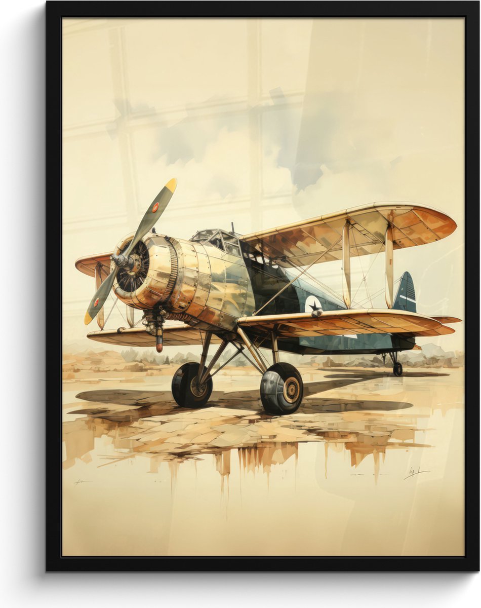 FrameYourWall Poster in lijst - Fotolijst 60x80 cm - Posters - Vintage - Vliegtuig - Water - Beige -Voertuig - Posterlijst zwart - Decoratie - Wanddecoratie woonkamer - Muurdecoratie slaapkamer