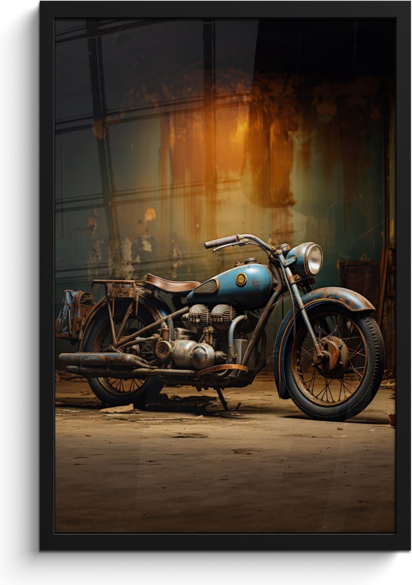FrameYourWall Poster in lijst - Fotolijst 40x60 cm - Posters - Vintage - Motor - Blauw - Oud - Garage - Posterlijst zwart - Decoratie - Wanddecoratie woonkamer - Muurdecoratie slaapkamer