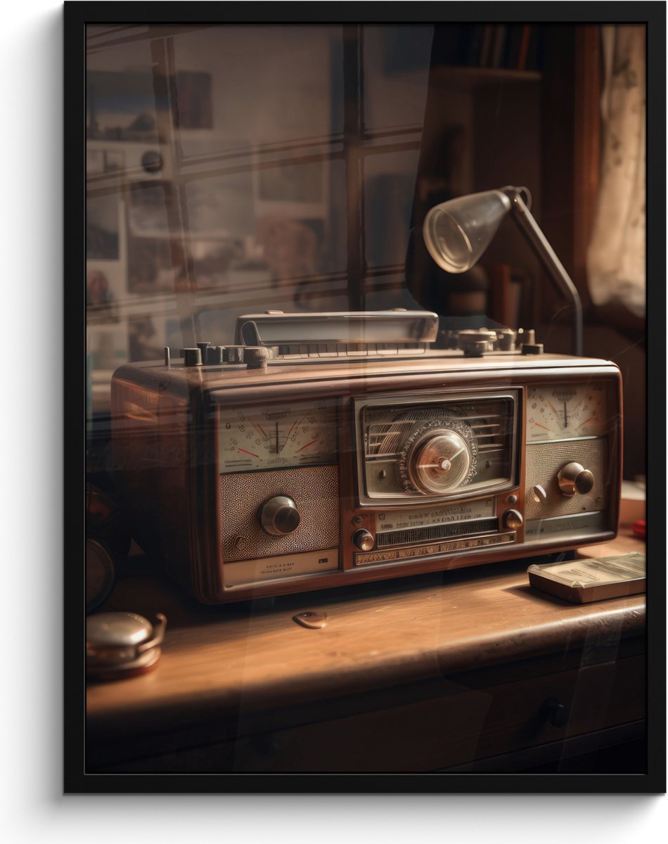 FrameYourWall Poster in lijst - Fotolijst 60x80 cm - Posters - Vintage - Radio - Oud - Bureau - Lamp - Posterlijst zwart - Decoratie - Wanddecoratie woonkamer - Muurdecoratie slaapkamer