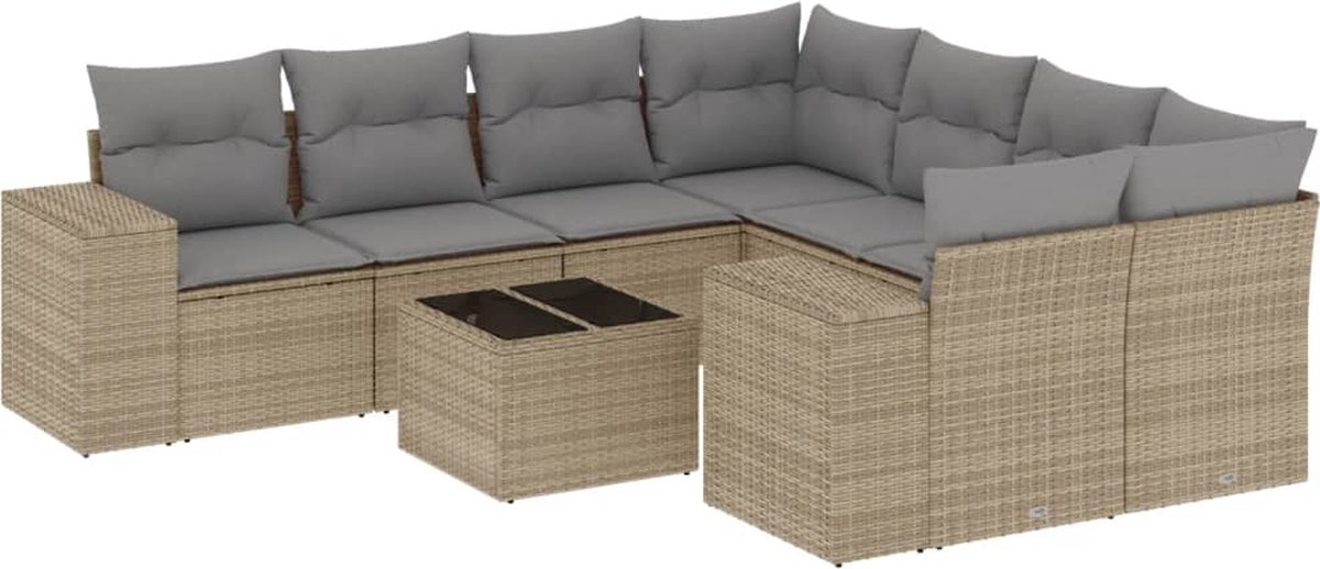vidaXL 9-delige - Loungeset - met - kussens - poly - rattan - beige