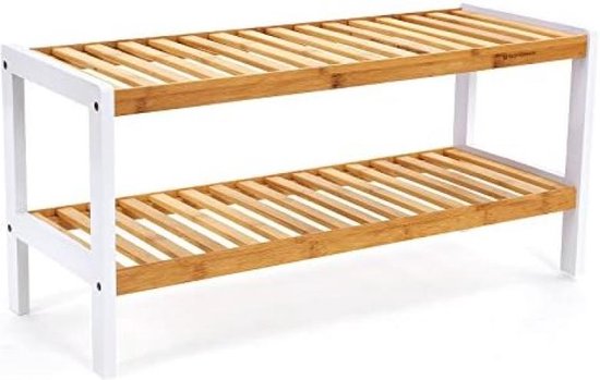 Bamboe Schoenenrek 2 niveau's Badkamerplank schoenenkast Bamboe schoenenrek voor 8 paar schoenen Wit-natuurlijke kleuren 70 x 33 x 26 cm