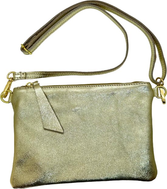 Dames Metallic tasje - Lederen Schoudertas - Made in Italie - Leer tas - Lichtgoud