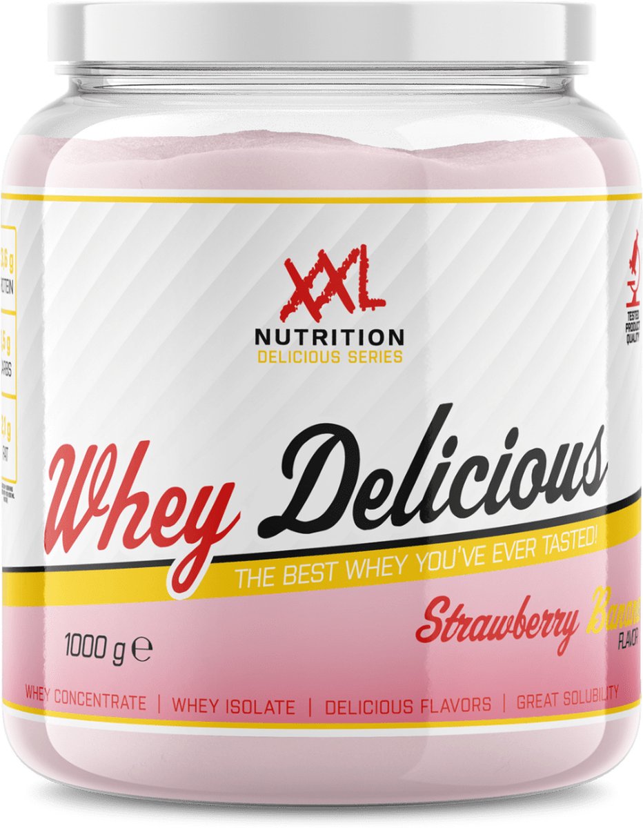 Goedkoopste XXL Nutrition - Whey Delicious - 80 Eiwit - Aardbei Banaan - Wei Eiwitpoeder met BCAA & Glutamine, Proteine Poeder, Eiwit shake, Whey Protein - Diverse Smaken - 1000 gram (33 shakes