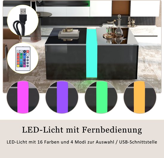 Moderne hoogglans salontafel met afstandsbediening 16 kleuren LED-verlichting, intrekbaar verborgen compartiment, LED-bankopbergtafel voor woonkamer, 73*60*34cm hoogglans zwart