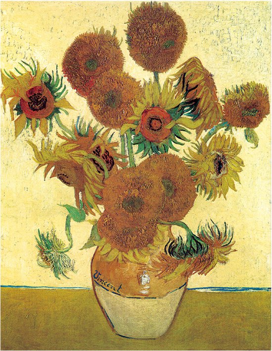 Allernieuwste.nl® Canvas Schilderij Vincent Van Gogh - 15 Zonnebloemen in Vaas - Kunst aan je Muur - postimpressionisme, expressionisme - Kleur - 50 x 65 cm
