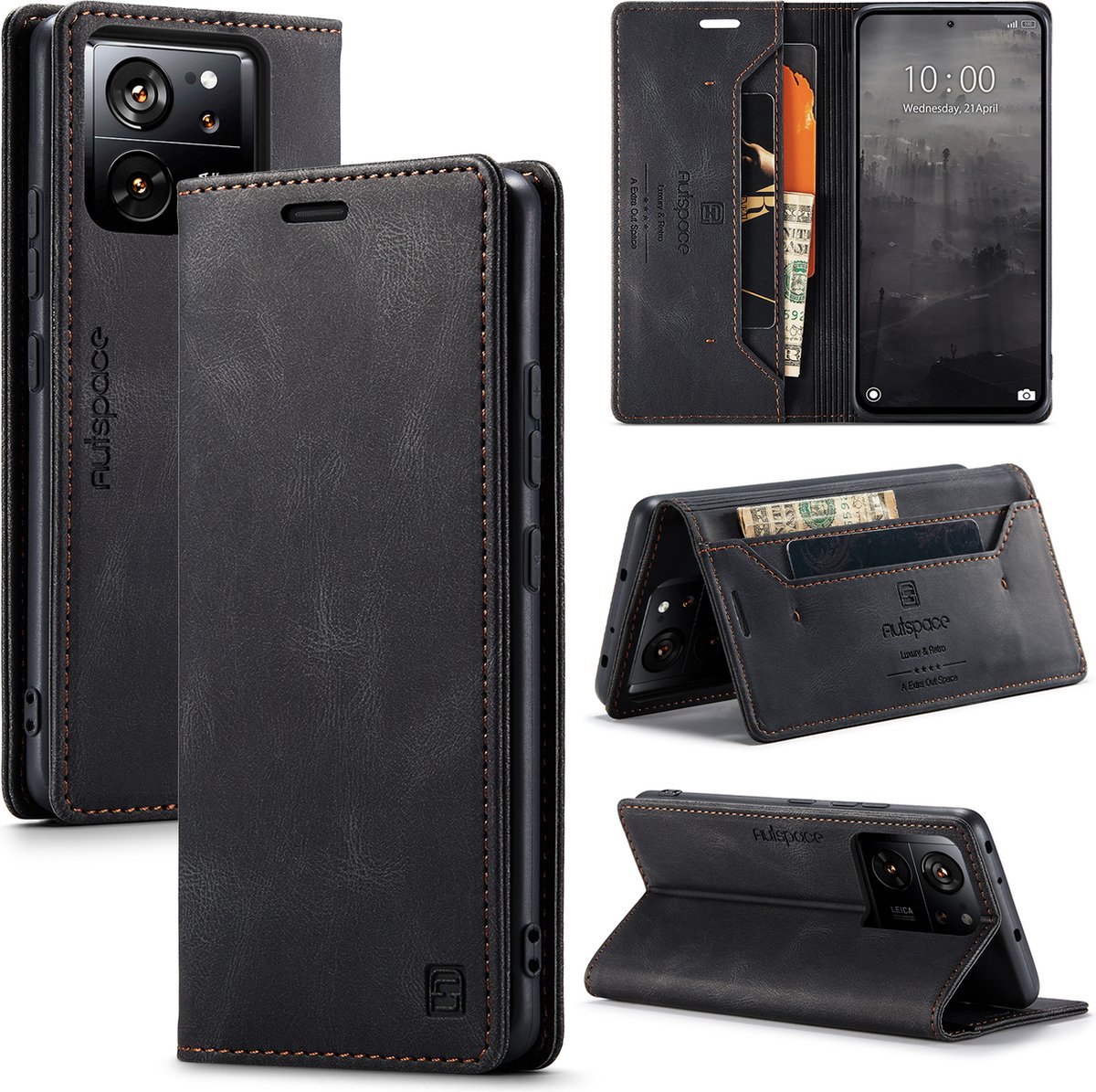 Luxe Flip Case met RFID Bescherming Kaarthouder en Magneetsluiting voor Xiaomi 13T / 13T Pro _ Zwart