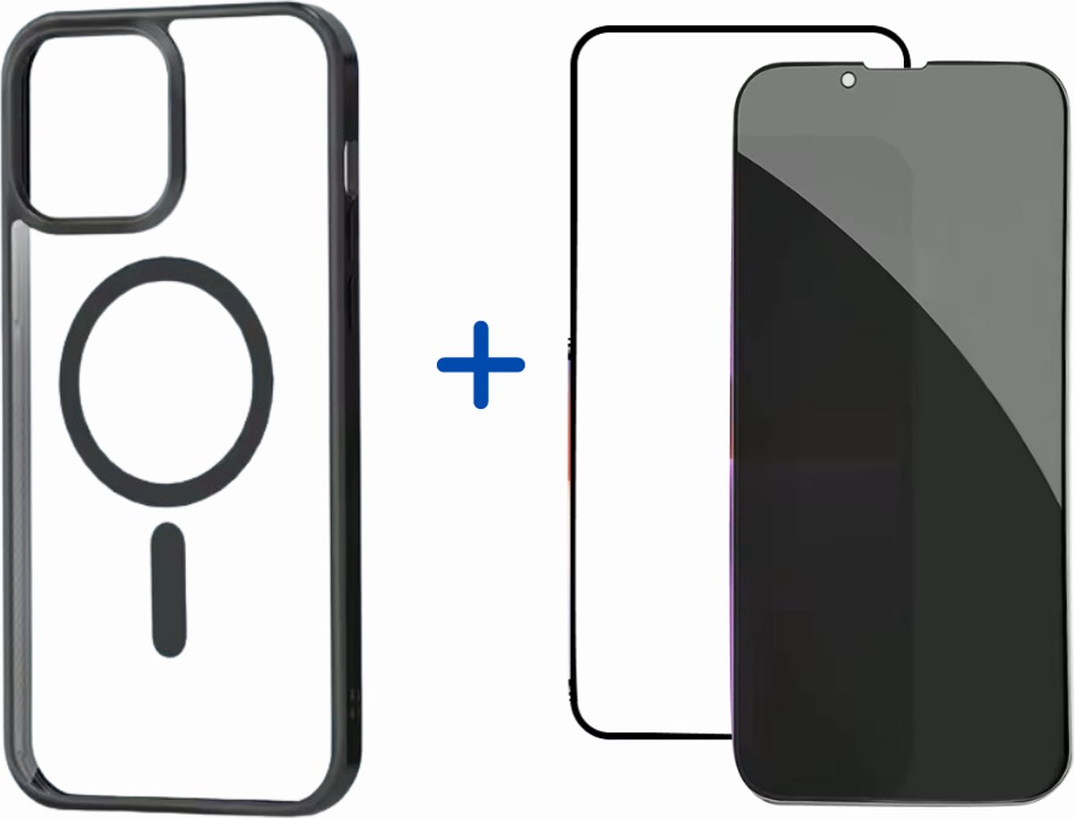 Optimity hoesje voor iPhone 12 PRO MAX Clear Case Magnetic zwart + Gehard Glas Schermbeschermer
