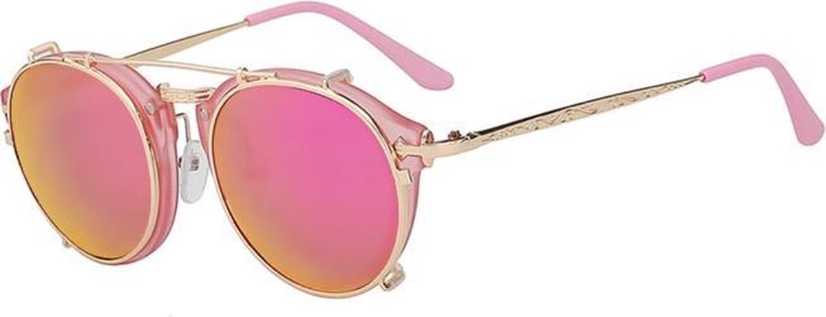 KIMU steampunk zonnebril roze - ronde voorzet spiegelglazen pink clip on