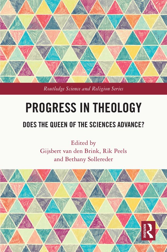Boekomslag met een geometrisch patroon van gekleurde driehoeken, met de titel "Progress in Theology".