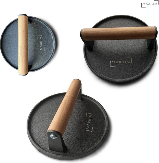 Maxium - Presse à Hamburger XL - Fonte - Extra lourde - 17,5 cm - Accessoires de vêtements pour bébé BBQ - Machine à Hamburger - Presse à Hamburger Grill - Machine à Burger Smash - Comprend une brosse BBQ avec grattoir et brosse en Siliconen