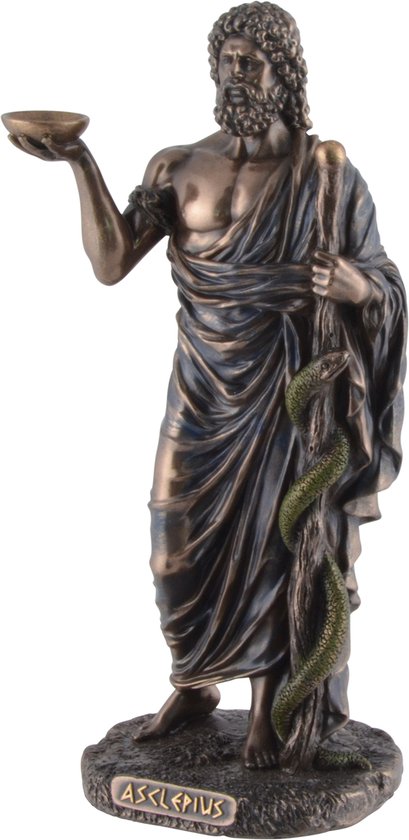 Maddeco - beeld Asclepius en aesculaap - god van de geneeskunde en genezing - bronskleurig polystone - 6 x 7 x 16 cm