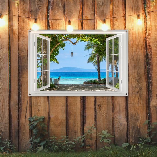 Poster jardin fenêtre - Vue à travers - Plage - Mer - Nature - Palmiers - Berg - Décoration de jardin - Jardin - Tableau jardin extérieur - Décoration clôture - 120x80 cm - Toile jardin - Poster extérieur - Toile clôture