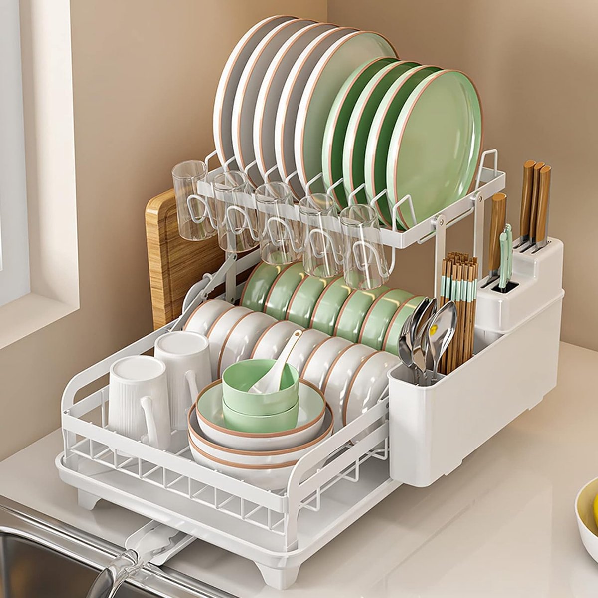 Goedkoopste Afdruiprek met Lekbak Zwart Afdruiprek Opvouwbaar 2Laags Afwasdroogrek Metalen Dishes Drying Rack met Snijplankhouder Dish Drainer voor Keuken (zwart
