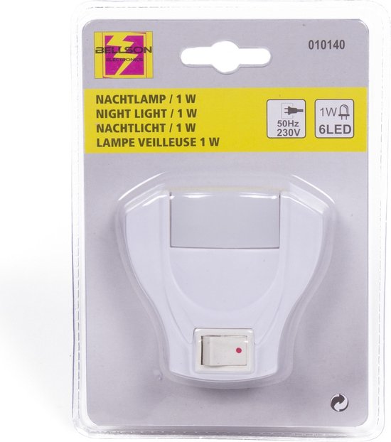 Verpakking met witte Benson nachtlamp, 1W, 6 LED, 230V.