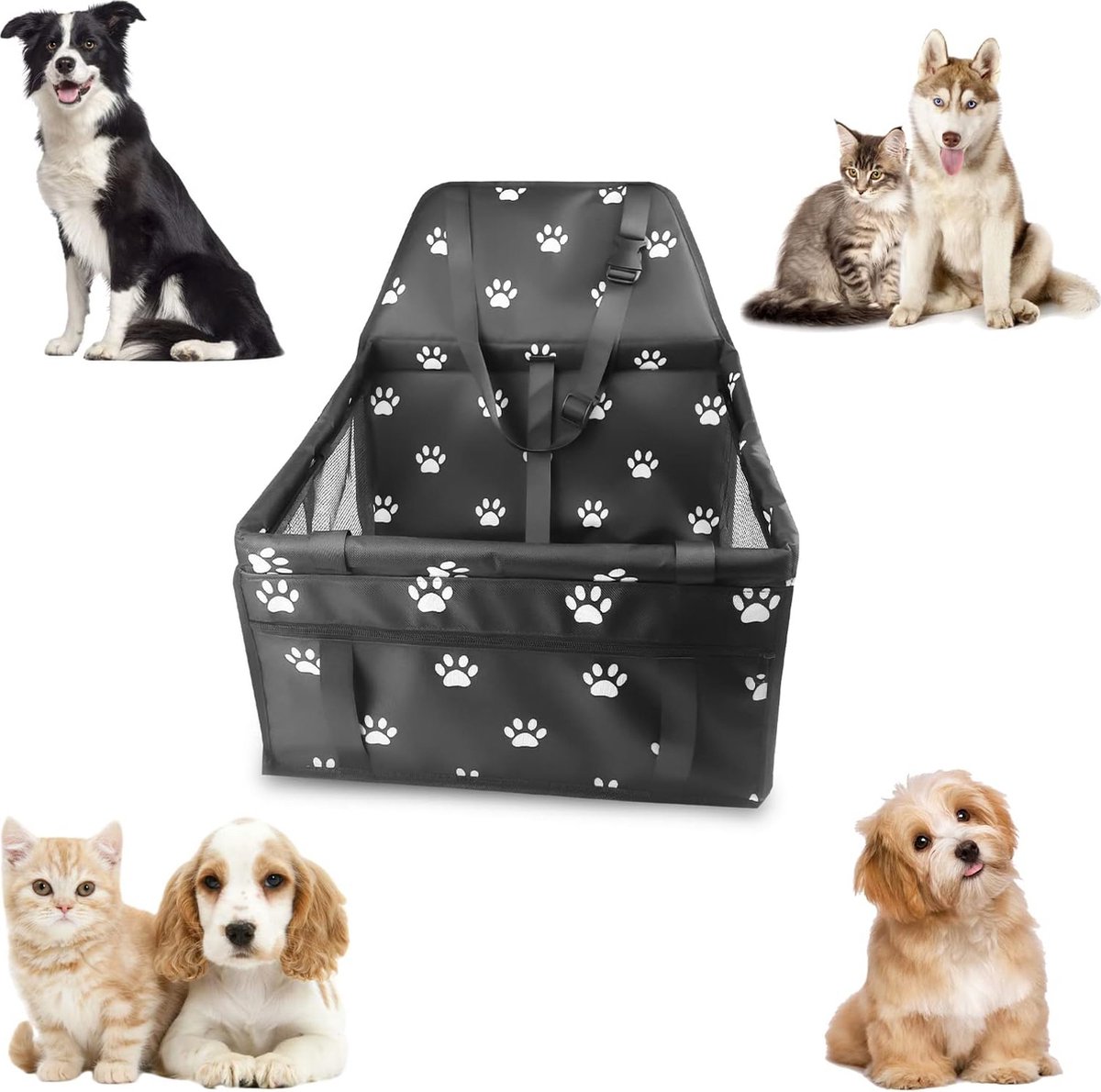 Autostoel voor honden, opvouwbaar, wasbaar, met steunbuis en veiligheidsgordel, veiligheidsautostoel voor honden, 40 × 34 × 25 cm