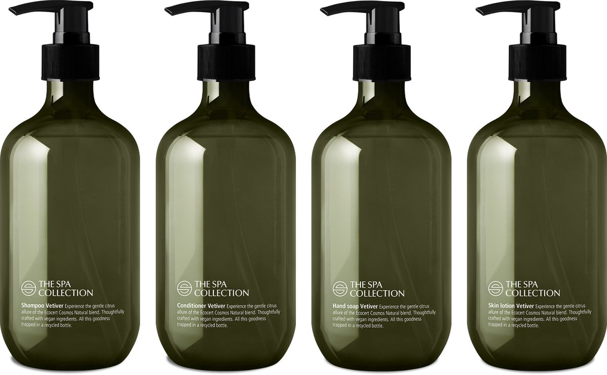 Goedkoopste The Spa Collection Vetiver Ecocert Cosmos Natural - Shampoo Conditioner Handzeep Body Lotion - 475 ml - Gerecyclede Fles - Set van 4 stuks
