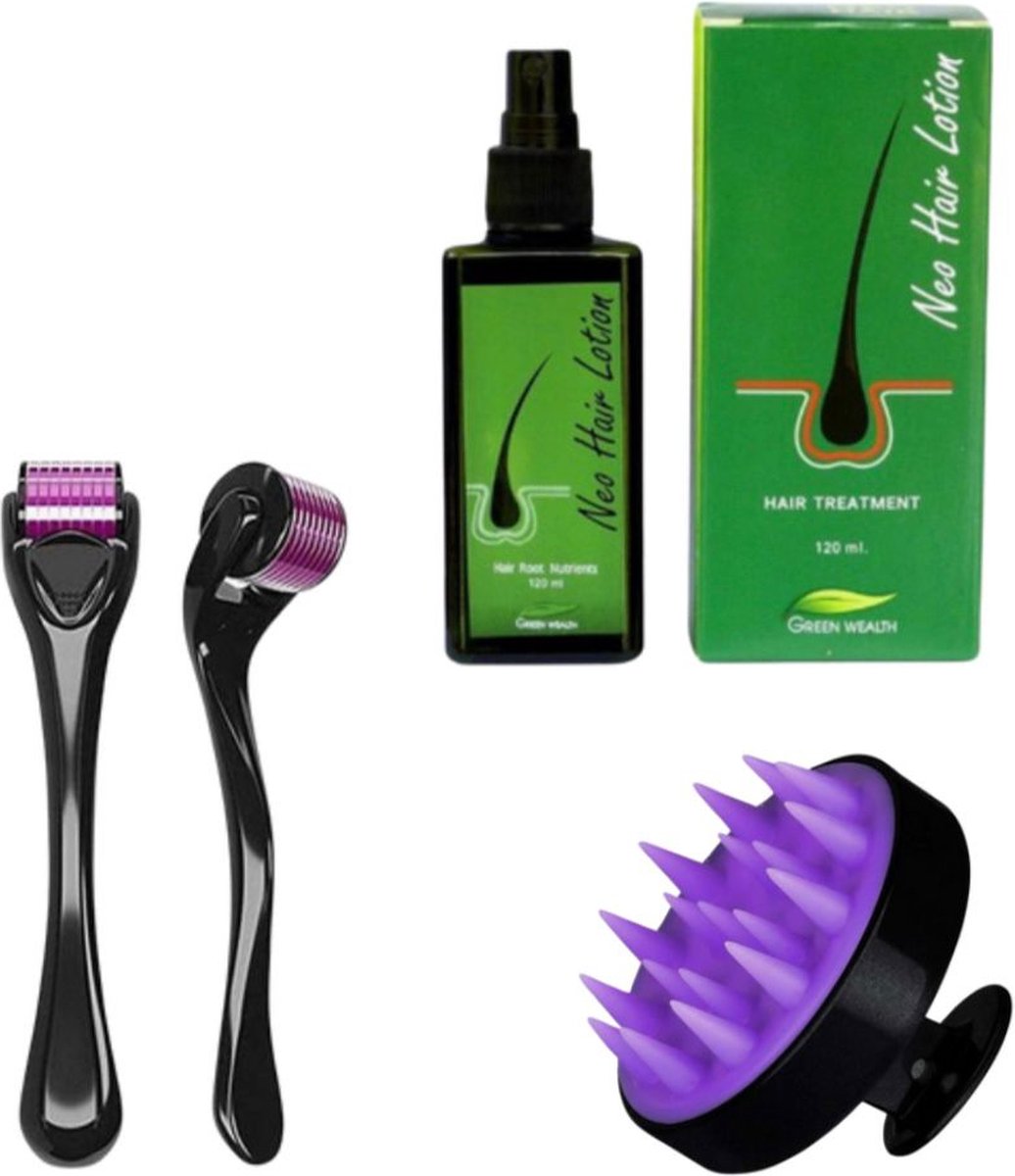 Green Wealth RNZV Neo hair lotion inclusief dermaroller en shampoo borstel Hoofdhuid Massage Borstels Haargroei Versneller Haargroei en Haarborstel- haar uitval
