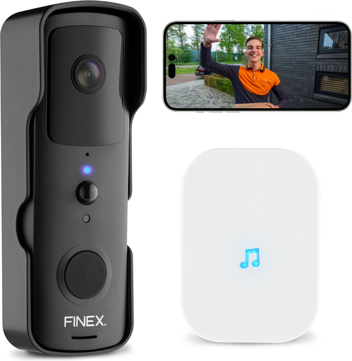 Finex™ Video Deurbel - Inclusief binnenbel & batterijen - Dag en nachtmodus - Zonder abonnement - Draadloze deurbel - T-ring geluid - Deurbel met camera