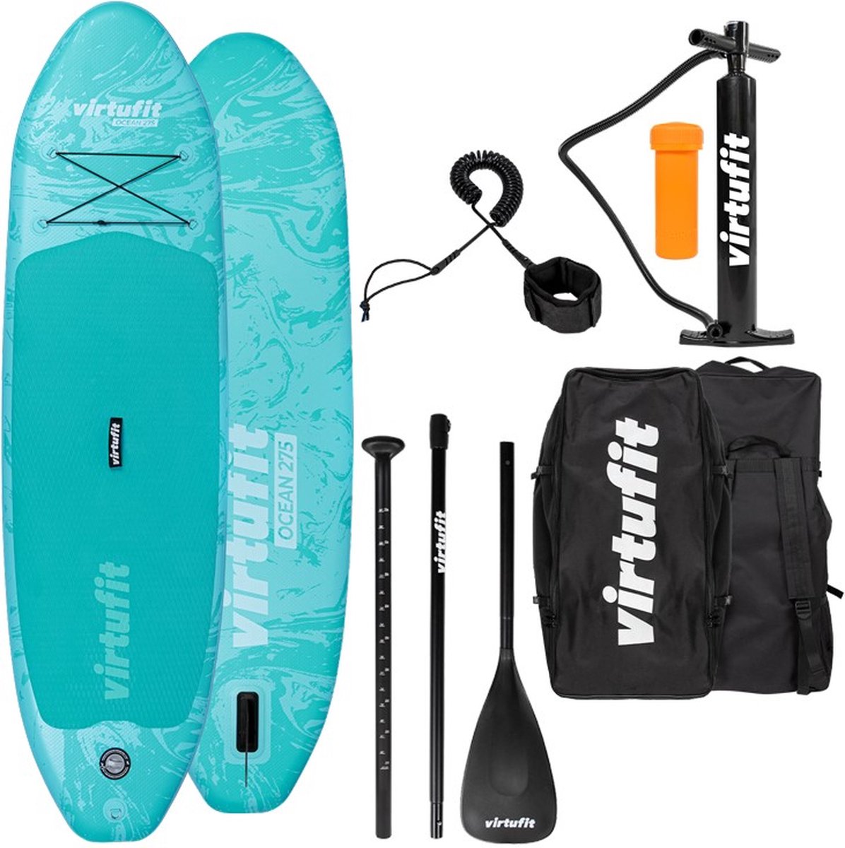 VirtuFit Supboard Ocean 275 - Turquoise - Stand Up Paddle Board - Opblaasbaar - Voor beginners en gevorderden - Verstelbare peddel - Max. 180 kg - Met accessoires en draagtas