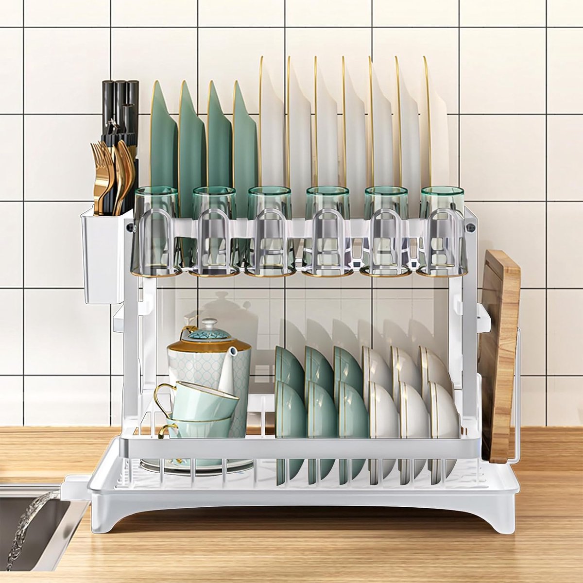 Goedkoopste Afdruiprek met 2 niveaus, koolstofstaal, automatische afwatering, afdruiprek met bekerhouder, snijplankhouder, bestekhouder en afdruipplank, voor de keuken