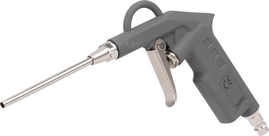 Grijs pneumatisch blaaspistool met zilverkleurige metalen spuitmond en trekker.