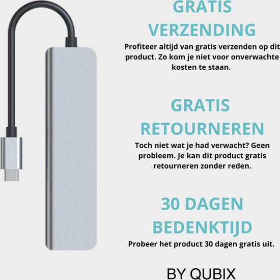 Grijze USB-C hub met een gebogen kabel en USB-C connector, met tekst over gratis verzending, retourneren en bedenktijd.