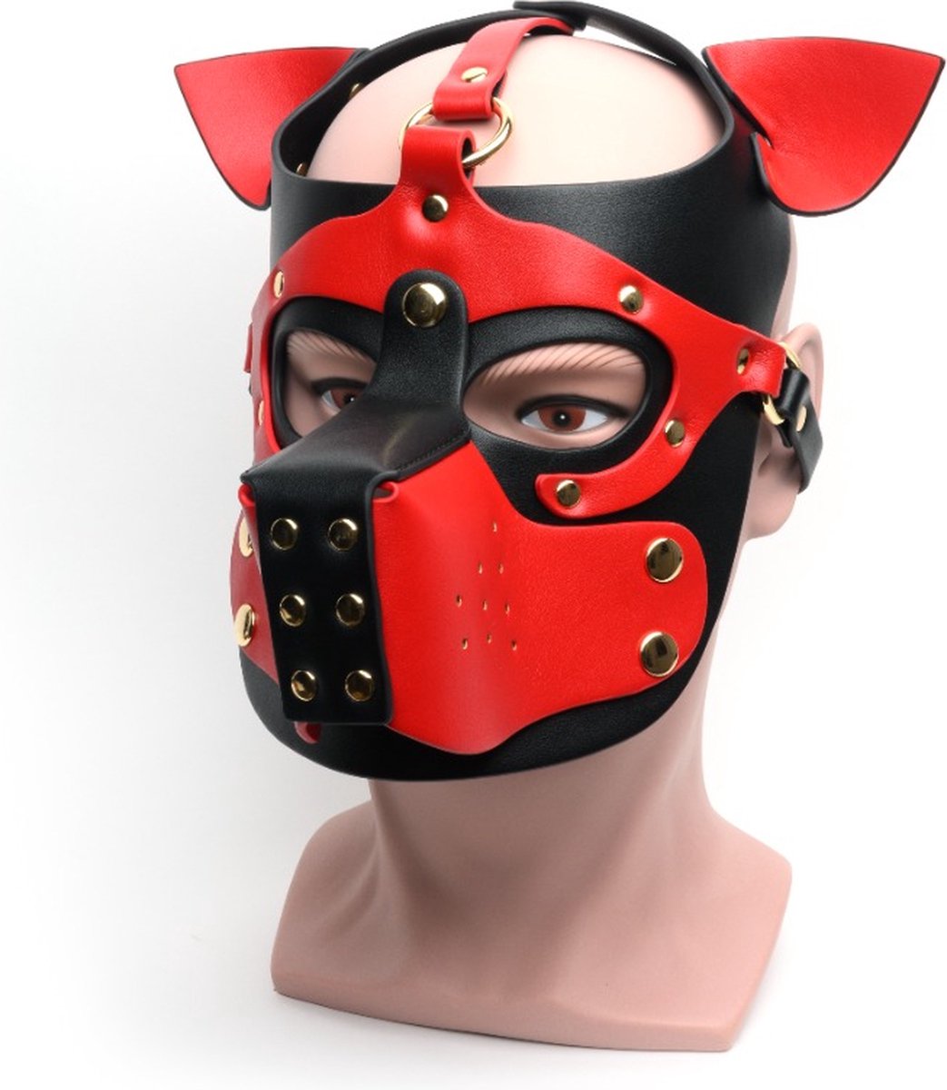 Goedkoopste 665 - Bondage Pup Hood Black Red - Puppy Play Hood - Masker - Zwart Rood - PU Leer - One Size