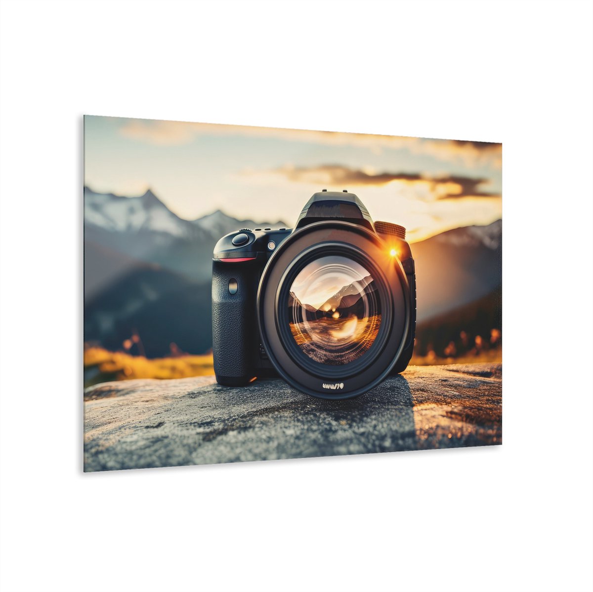 Myfinto Indoorart - Glasschilderij fotocamera zonsondergang 120x80 CM - Afbeelding op plexiglas - Inclusief montagemateriaal grijs