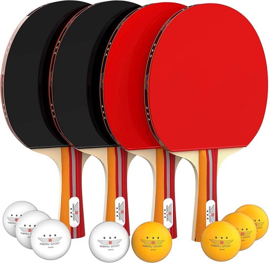 NIBIRU SPORT tafeltennisbatjes - Draagbare pingpongset met 4 houten tafeltennisbatjes en 8 pingpongballen - Inclusief draagtas - Voor binnen en buiten - 3 Sterren
