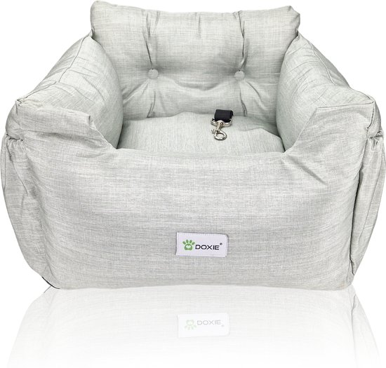 Doxie® Autostoel Hond – Hondenmand – 2 in 1 – 60 x 50 cm – Wasbaar – Antislip – Waterbestendig – Incl. Autogordel – Maat M – Lichtgrijs