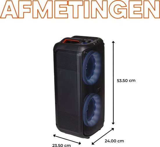 Zwarte luidspreker met dubbele woofers met blauwe LED-verlichting, met afmetingen: 53.50 cm hoog, 23.50 cm diep en 24.00 cm breed.