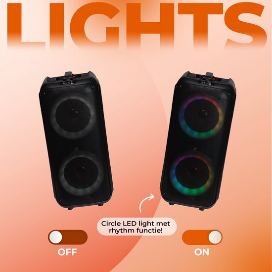 Twee luidsprekers met dubbele woofers met kleurrijke LED-verlichting, met de tekst 'LIGHTS' en de aan/uit-schakelaar voor de verlichting.