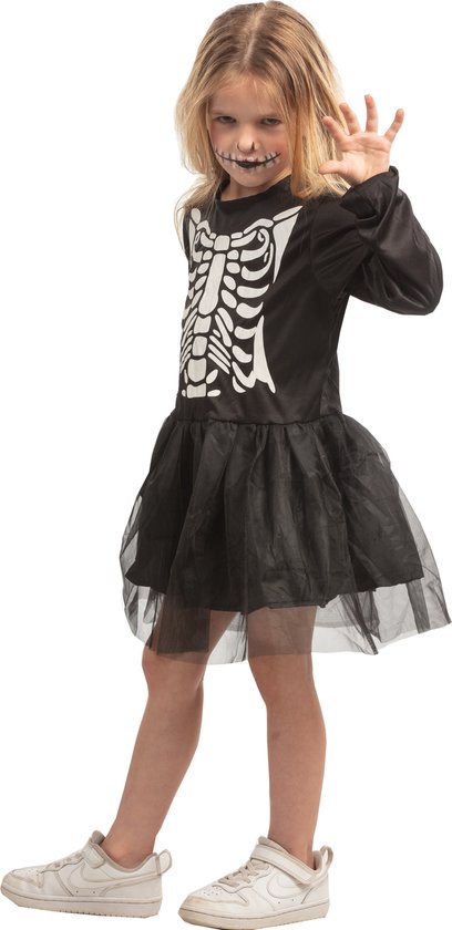 Halloweenkleedje zwart met witte skelet opdruk maat 104