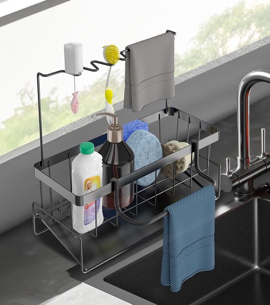Longyi Spons Caddy, spons organizer roestvrij staal, telescopische wastafel, caddy voor keuken, wasbak organizer, spoelbak organizer, afdruiprek met theedoekhouder, keukenaccessoires