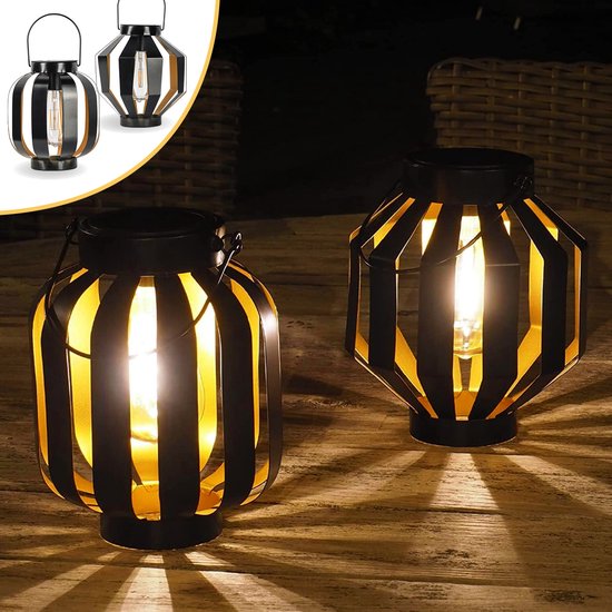 Goliving Lampe de Table Solaire Nova - 2 Pièces - Lanterne d'Extérieur - Éclairage Solaire de Jardin - Éclairage Extérieur LED - Lampe Suspendue - 20,5 cm - Métal - Noir